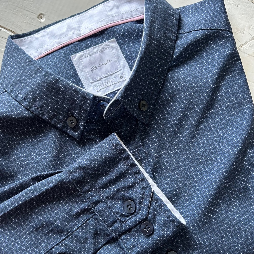 JB Holt Mens Athletic Fit Long Sleeve Button Down Shirt Navy Geometric Print M